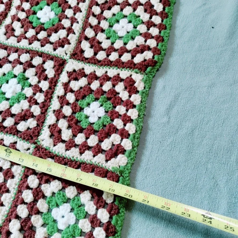 Handmade Granny Square Floral Crochet Afghan Blanket Brown Green Rectangle Throw